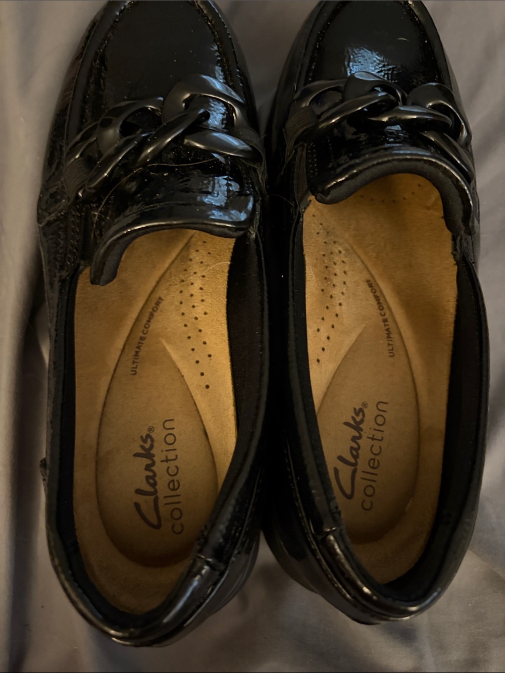 Clarks Black Patent Leather Chain-Trim Loafers